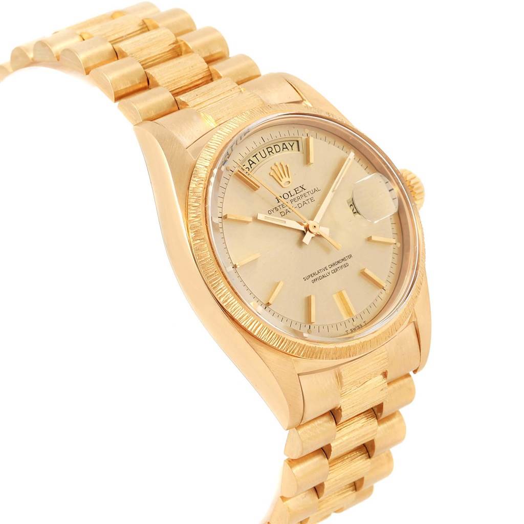 This image shows the Rolex President 1807 Men's Yellow Gold Champagne Dial 1807 Men's Yellow Gold Champagne Dial model watch at a three-quarter angle, highlighting its gold bracelet, dial, and case.