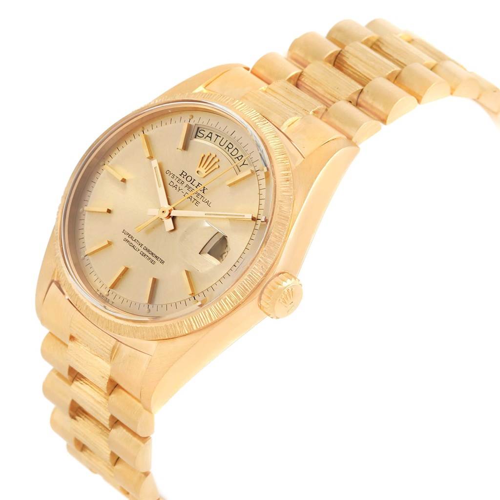 The image shows a side angle of the Rolex President 1807 Men's Yellow Gold Champagne Dial 1807 Men's Yellow Gold Champagne Dial model, highlighting its dial, bezel, crown, and part of the bracelet.