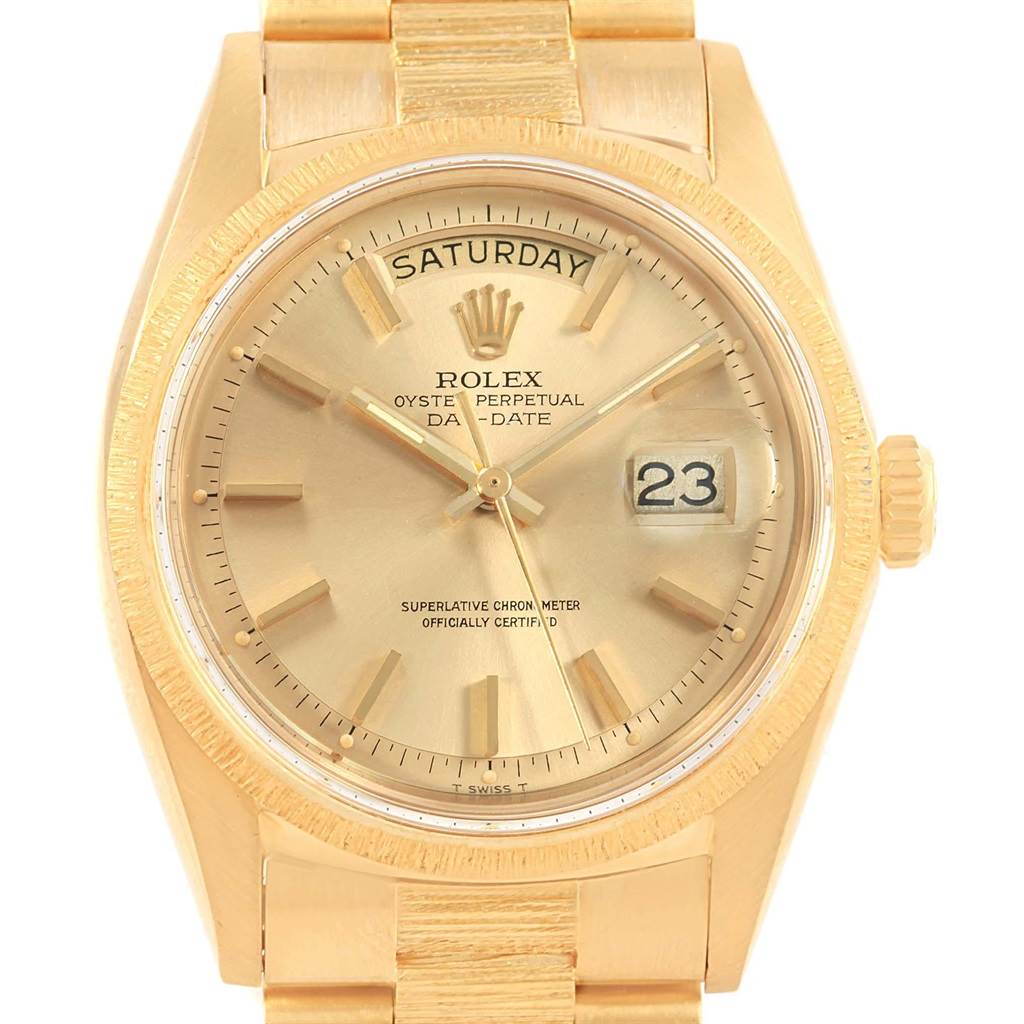 The image shows a front view of the Rolex President 1807 Men's Yellow Gold Champagne Dial 1807 Men's Yellow Gold Champagne Dial model, showcasing the dial, day-date display, and part of the bracelet.