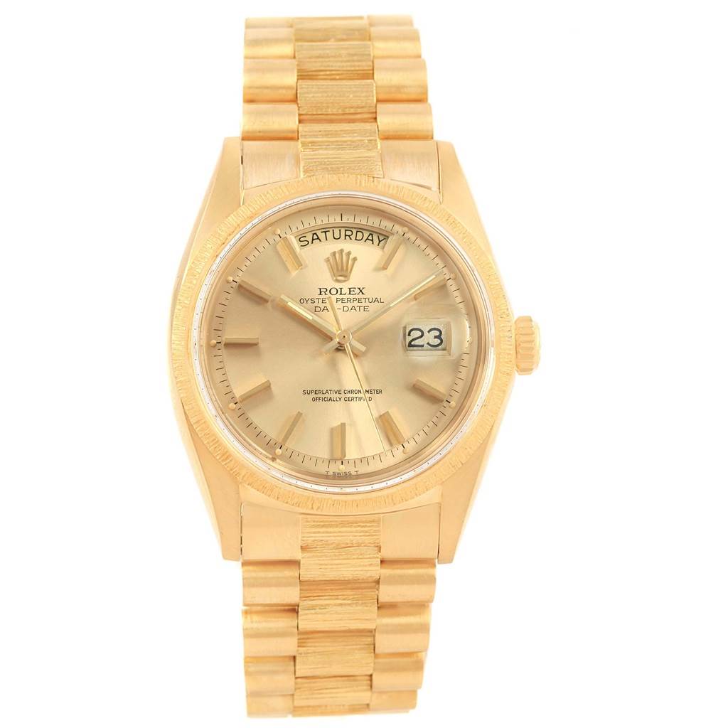 The image shows a front view of a Rolex President 1807 Men's Yellow Gold Champagne Dial 1807 Men's Yellow Gold Champagne Dial model watch, displaying its dial, case, and bracelet.
