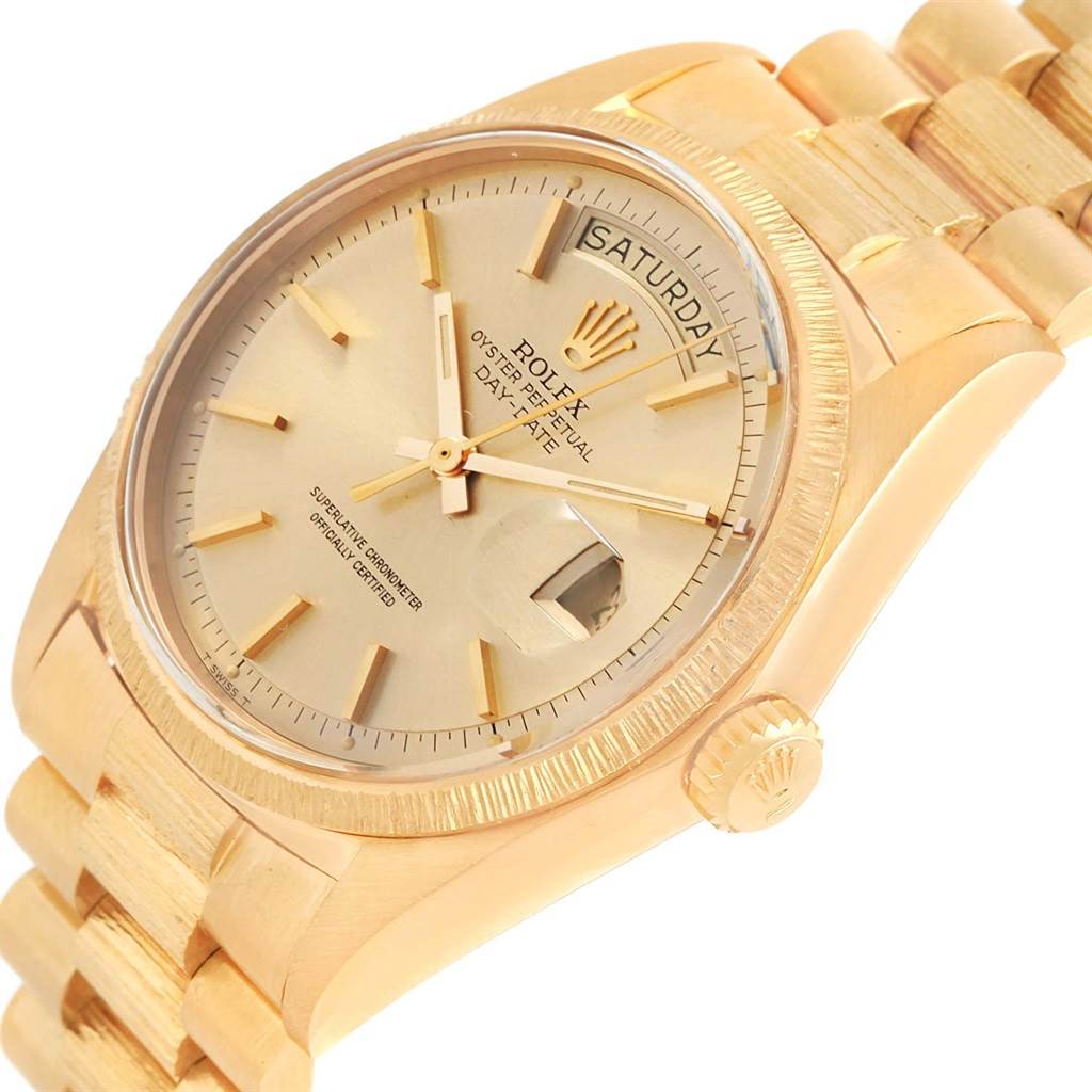 This image shows a Rolex President 1807 Men's Yellow Gold Champagne Dial 1807 Men's Yellow Gold Champagne Dial model watch from a three-quarter angle, highlighting the dial, bracelet, and crown.