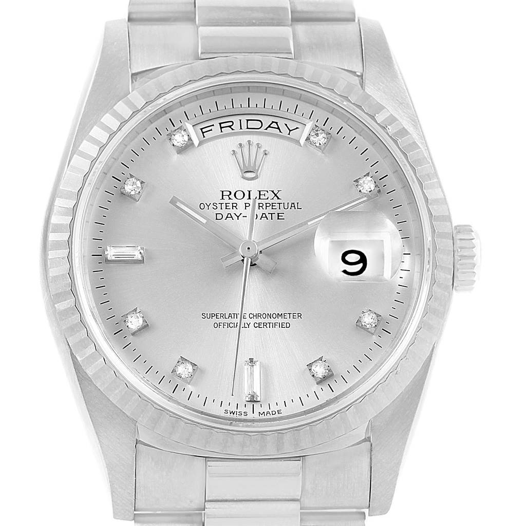 The image shows a front view of the Rolex President 18239 Men's White Gold Silver Dial 18239 Men's White Gold Silver Dial model watch, displaying the face, dial, bracelet, and crown.