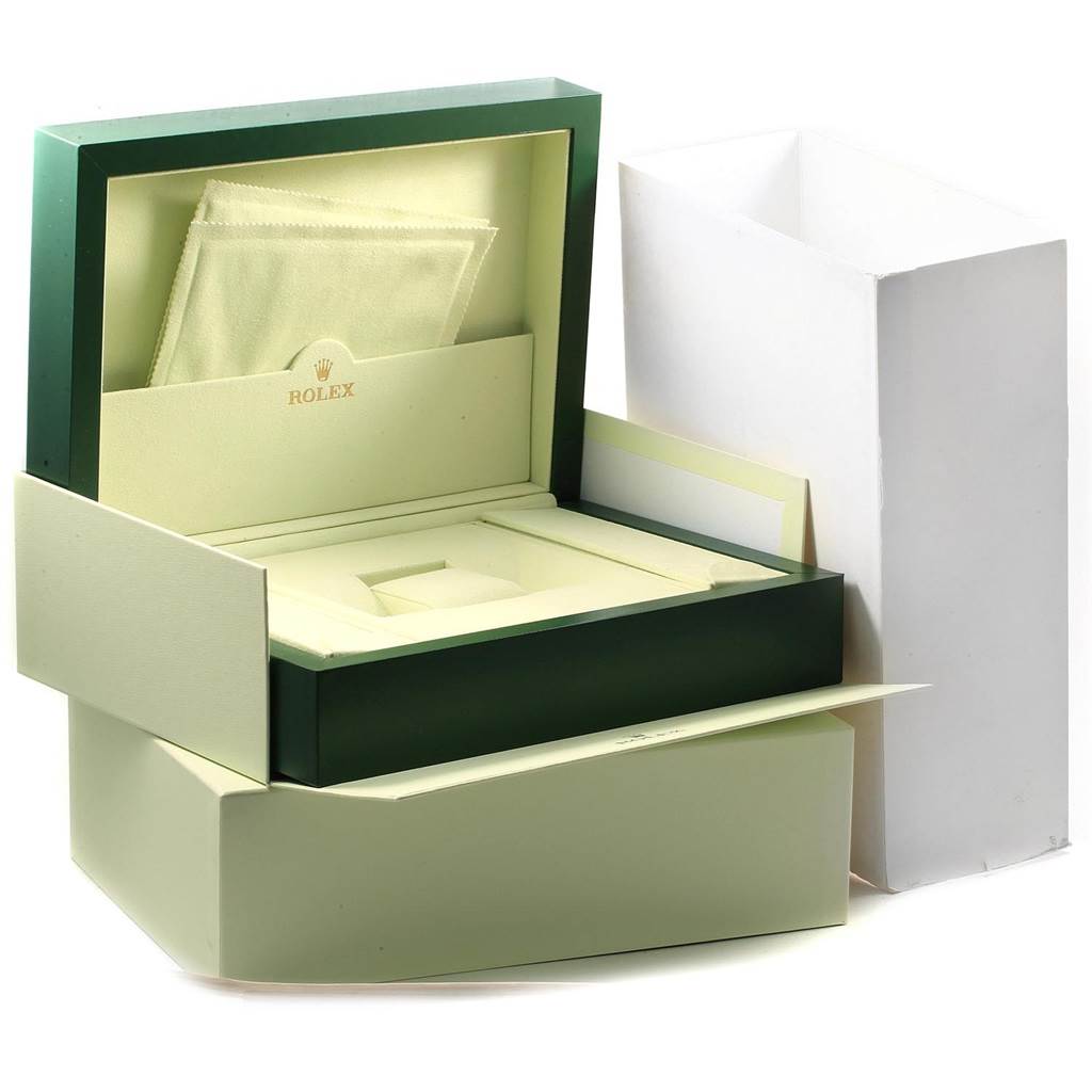 The image shows the packaging box and inner case for a Rolex President 18239 Men's White Gold Silver Dial 18239 Men's White Gold Silver Dial model watch, including a cloth and the branded interior.