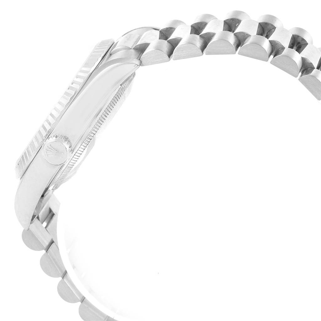 The image shows a side view of the Rolex President 18239 Men's White Gold Silver Dial 18239 Men's White Gold Silver Dial model watch, highlighting the crown and the bracelet.