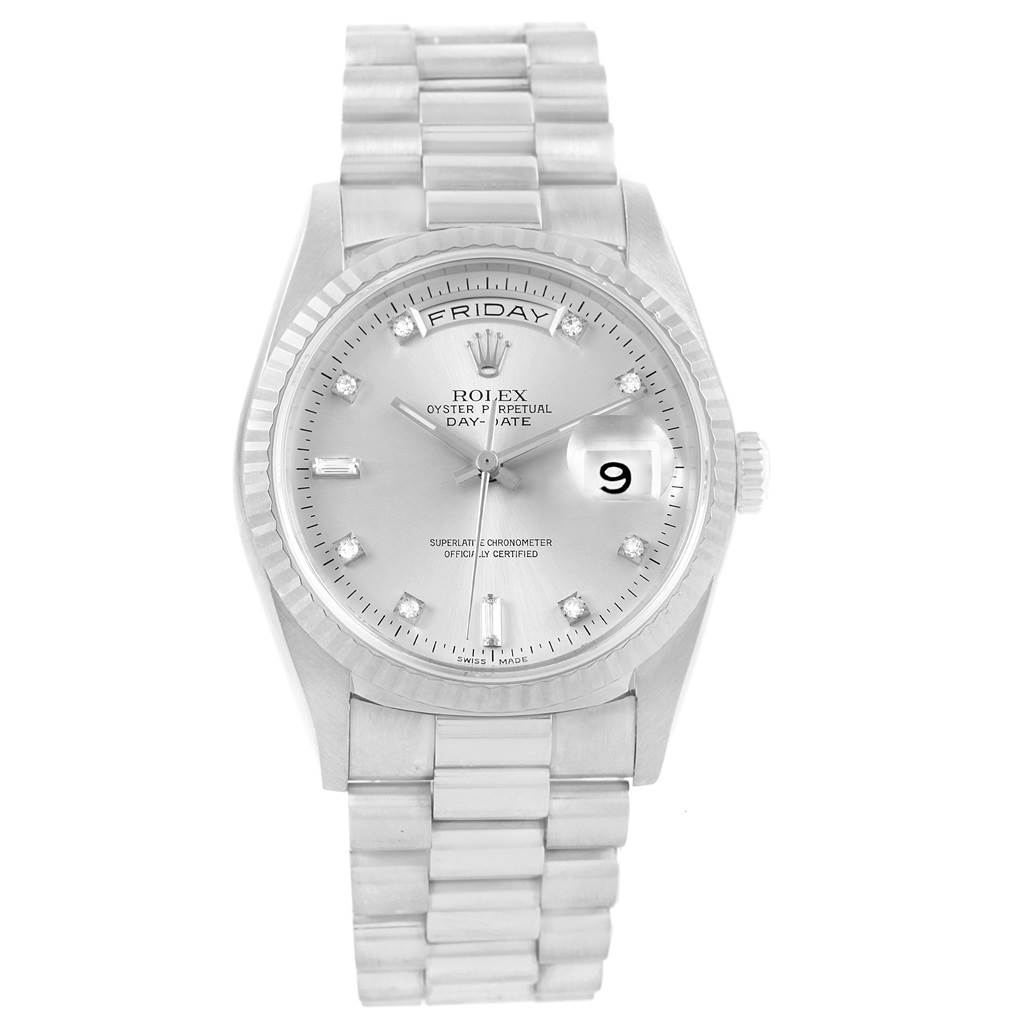 This is a front-facing view of a Rolex President 18239 Men's White Gold Silver Dial 18239 Men's White Gold Silver Dial model watch, showing the dial, bezel, bracelet, and day-date display.