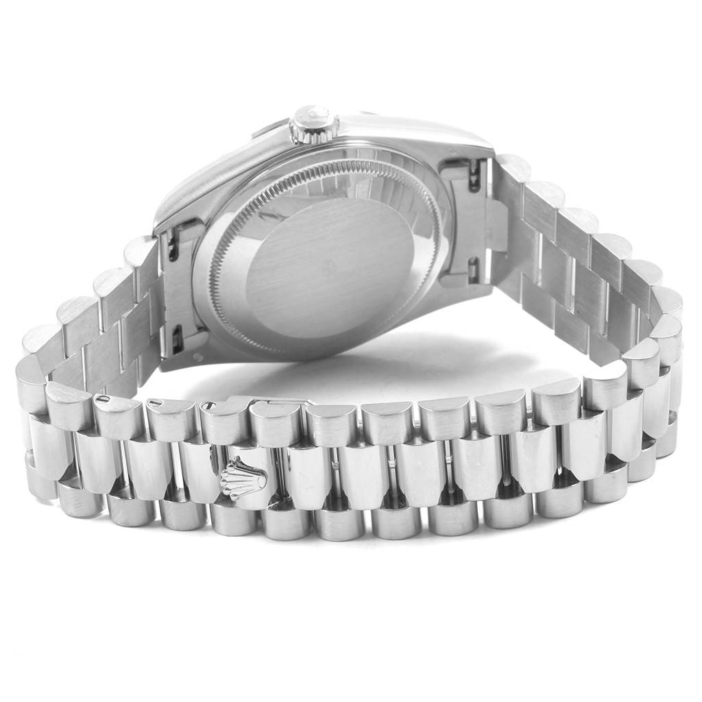 The image shows the back case and bracelet of a Rolex President 18239 Men's White Gold Silver Dial 18239 Men's White Gold Silver Dial model watch from a rear angle.
