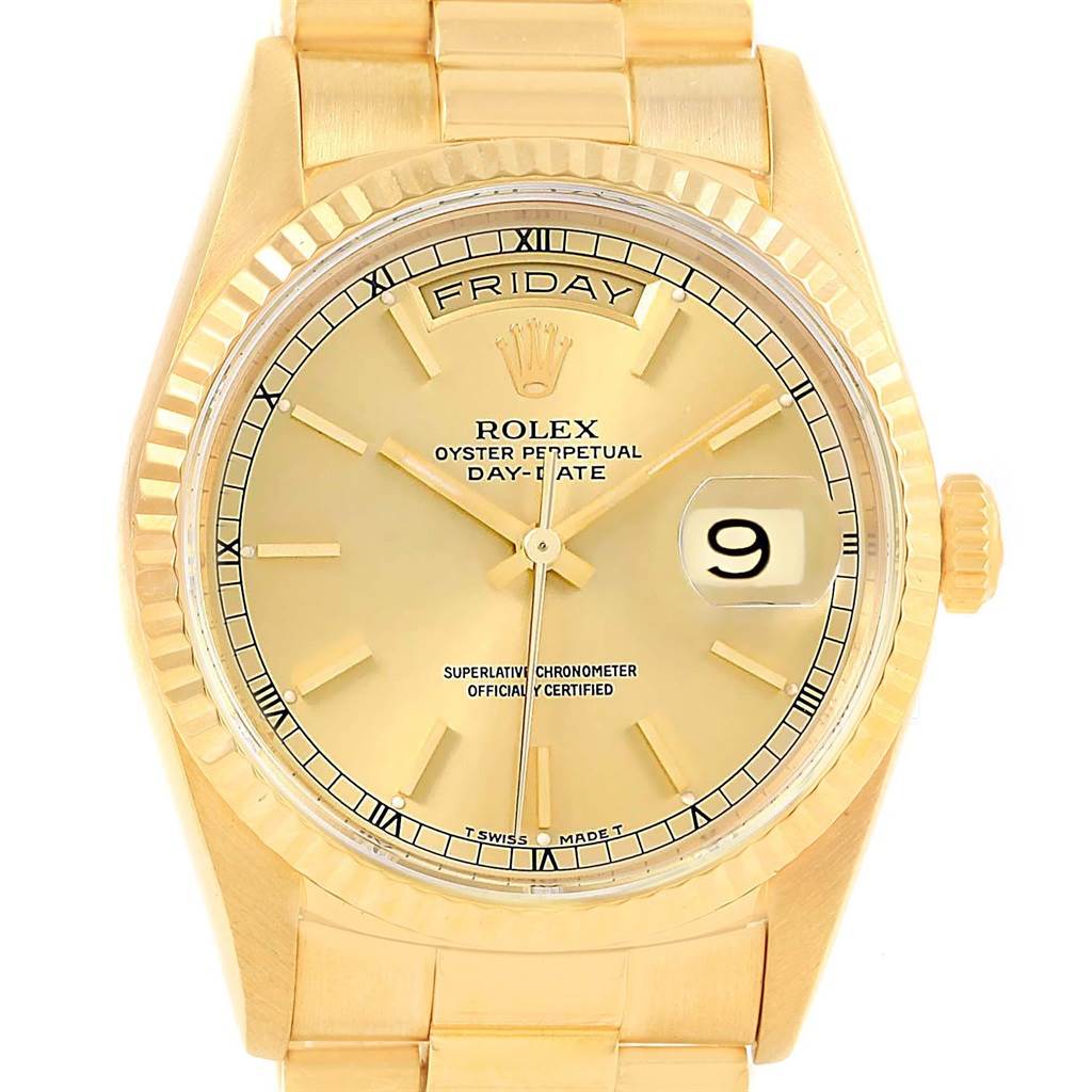 This image shows a front angle view of the Rolex President 20030 Men
s Yellow Gold Champagne Dial 20030 Men
s Yellow Gold Champagne Dial Day-Date model watch, displaying the face, crown, and part of the bracelet.