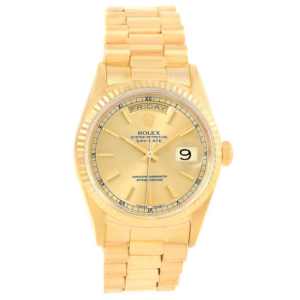 The watch is shown from a front angle, displaying the dial, bezel, and President bracelet of the Rolex President 20030 Men
s Yellow Gold Champagne Dial 20030 Men
s Yellow Gold Champagne Dial model.