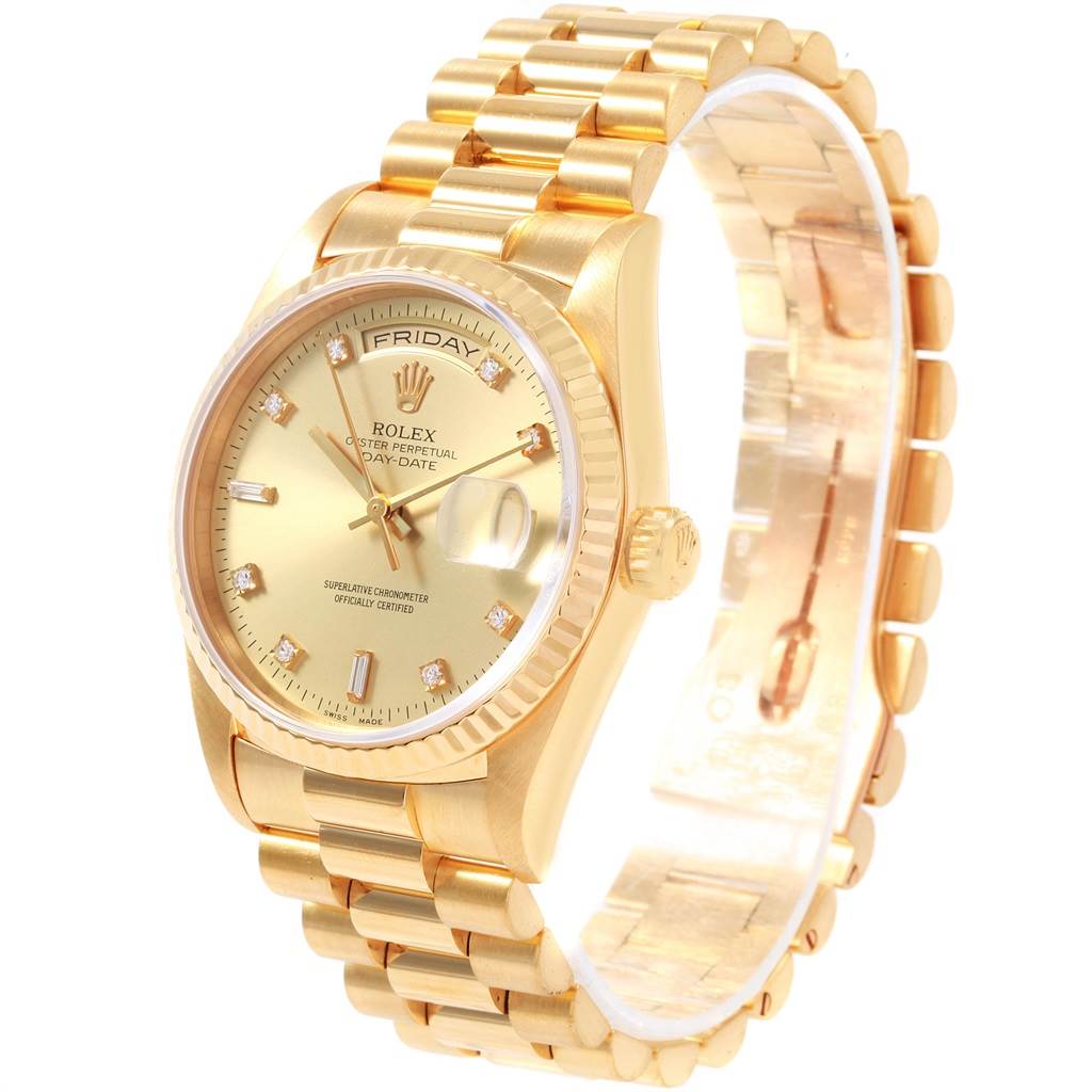 The Rolex President 18238 Men
s Yellow Gold Champagne Dial 18238 Men
s Yellow Gold Champagne Dial model watch is shown at a three-quarter angle, highlighting the gold case, bracelet, and dial with day and date features.