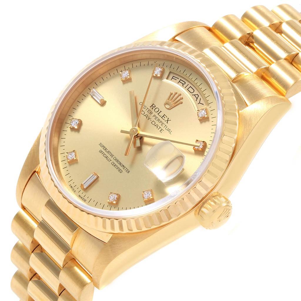 The image shows a Rolex President 18238 Men
s Yellow Gold Champagne Dial 18238 Men
s Yellow Gold Champagne Dial watch from an angled view, highlighting the gold dial, diamond hour markers, fluted bezel, and President bracelet.