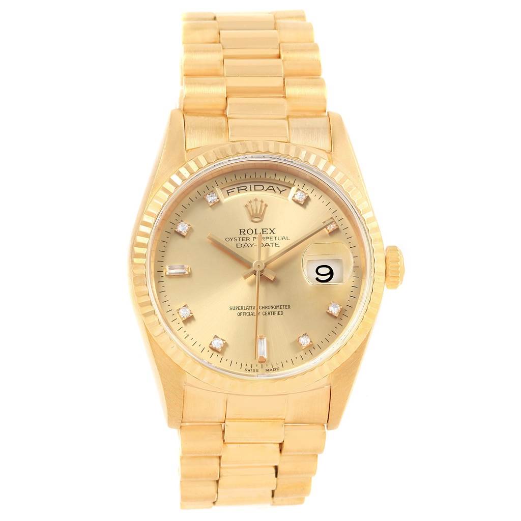 The image shows a front view of a Rolex President 18238 Men
s Yellow Gold Champagne Dial 18238 Men
s Yellow Gold Champagne Dial model watch, displaying the dial, bracelet, and crown.