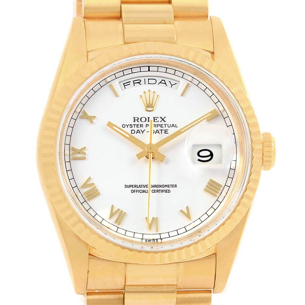 The image displays a frontal view of the Rolex President 18238 Men's Yellow Gold White Dial 18238 Men's Yellow Gold White Dial model watch, showing its dial, bezel, and part of the bracelet.