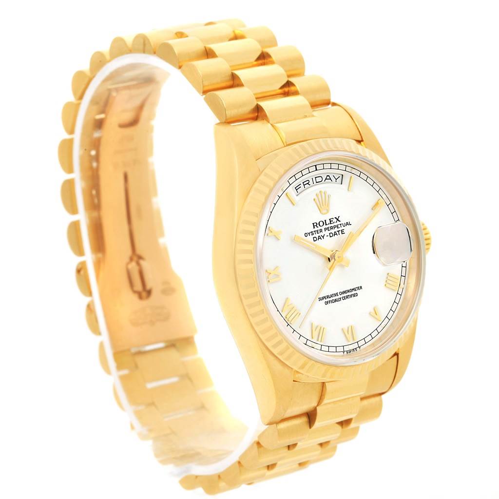 The image shows a side angle of a Rolex President 18238 Men's Yellow Gold White Dial 18238 Men's Yellow Gold White Dial model watch, highlighting the bracelet, case, crown, and dial.