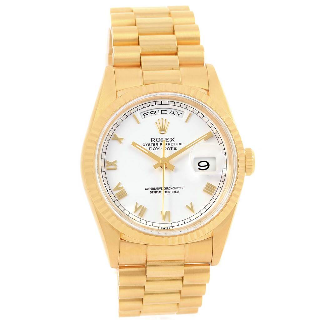 The image shows a Rolex President 18238 Men's Yellow Gold White Dial 18238 Men's Yellow Gold White Dial model watch from a frontal angle, displaying its face, dial, and bracelet.