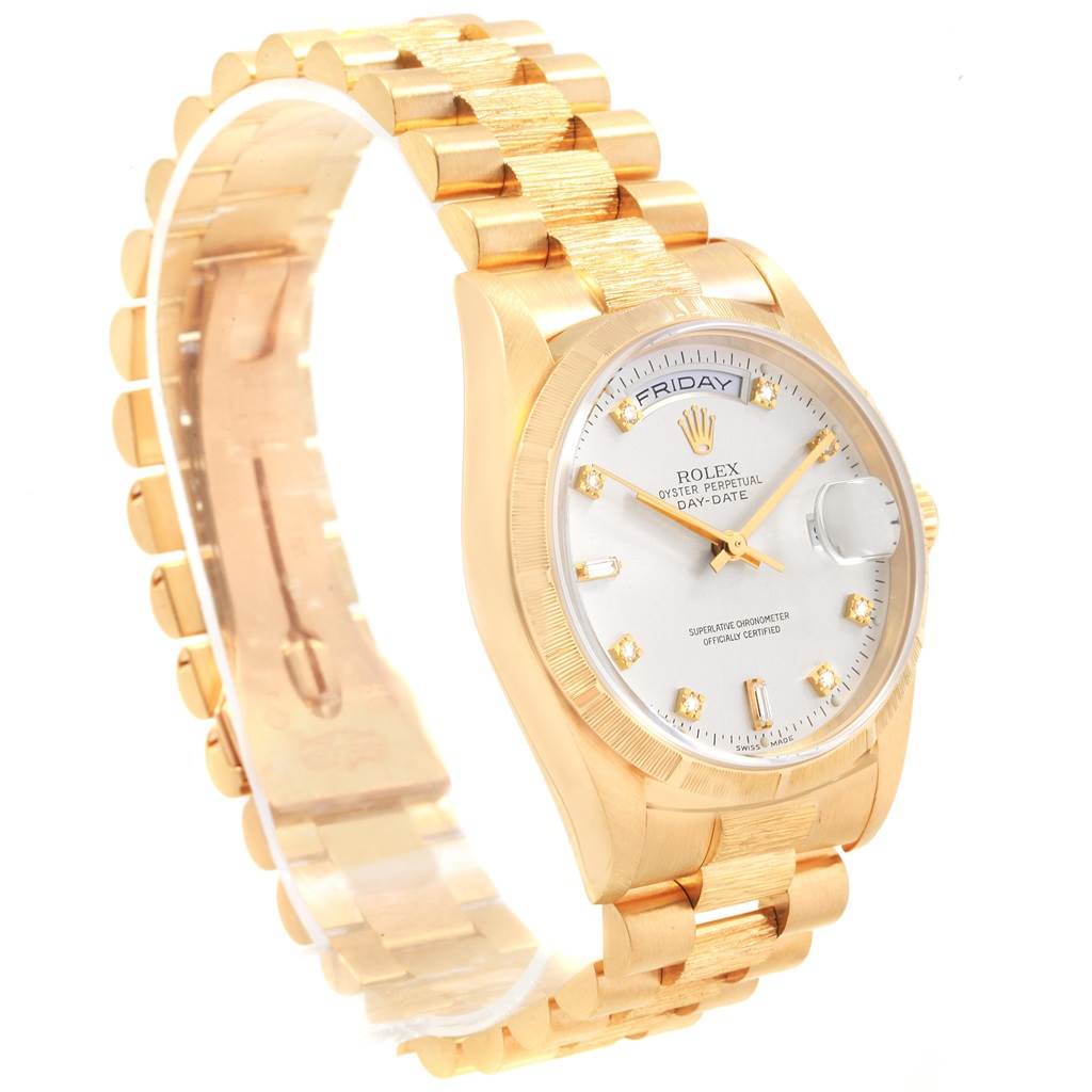 The image shows a Rolex President 18248 Men's Yellow Gold Silver Dial 18248 Men's Yellow Gold Silver Dial model watch from a slight side angle, highlighting its golden band and face with a day-date display.