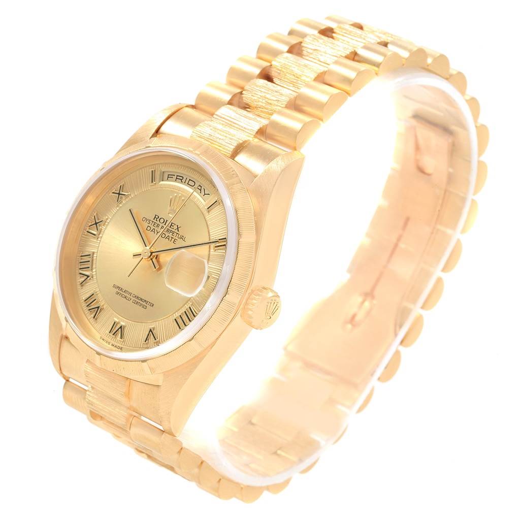 The Rolex President 18248 Men
s Yellow Gold Champagne Dial 18248 Men
s Yellow Gold Champagne Dial model watch is shown at a three-quarter angle, highlighting the gold case, dial, and bracelet.