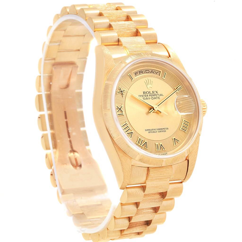 The image shows a gold Rolex President 18248 Men
s Yellow Gold Champagne Dial 18248 Men
s Yellow Gold Champagne Dial Day-Date watch at a three-quarter angle, displaying the face, bezel, and bracelet.