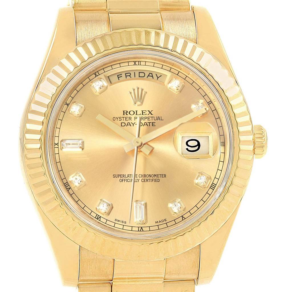 The image shows a front view of a Rolex President 218238 Men's Yellow Gold Champagne Dial 218238 Men's Yellow Gold Champagne Dial model, highlighting the gold dial, day/date windows, and diamond hour markers.