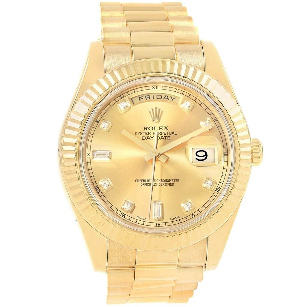 This image shows a Rolex President 218238 Men's Yellow Gold Champagne Dial 218238 Men's Yellow Gold Champagne Dial model watch from a front angle, highlighting the gold case, fluted bezel, bracelet, and dial with day and date functions.