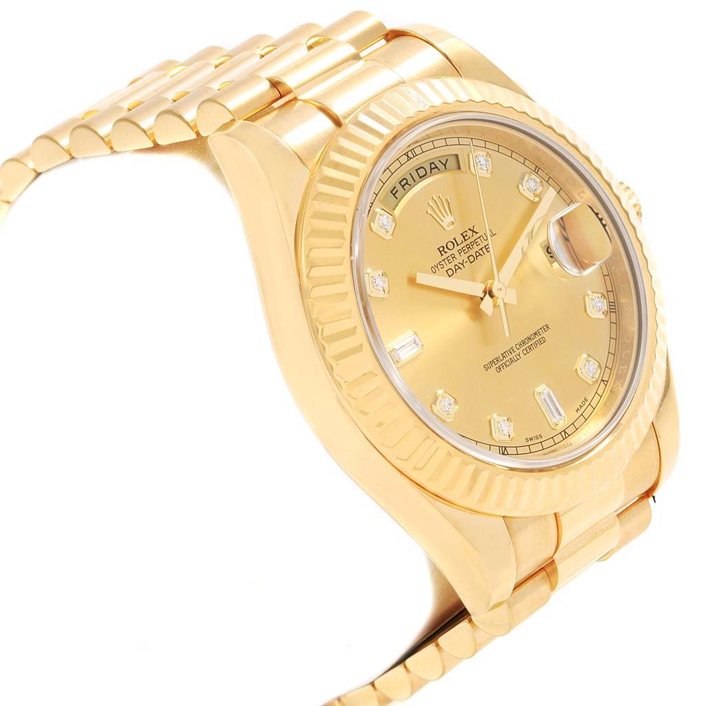 The image shows a side angle of the gold Rolex President 218238 Men's Yellow Gold Champagne Dial 218238 Men's Yellow Gold Champagne Dial model, highlighting the bracelet, bezel, and dial with diamond hour markers.