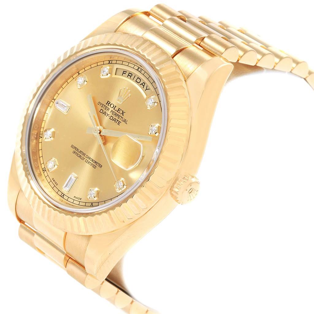 The image shows a Rolex President 218238 Men's Yellow Gold Champagne Dial 218238 Men's Yellow Gold Champagne Dial model watch angled to display its gold dial, day-date display, and part of the bracelet.