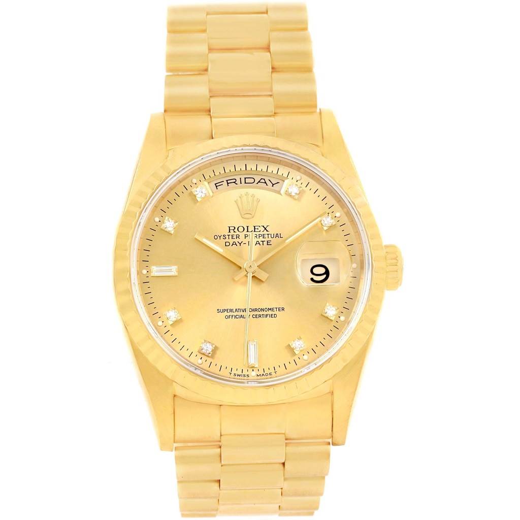 The image shows a frontal view of the Rolex President 18238 Men
s Yellow Gold Champagne Dial 18238 Men
s Yellow Gold Champagne Dial model watch, highlighting its gold bracelet, dial, and day-date features.