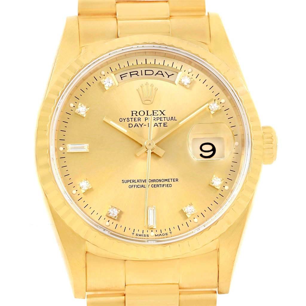 The image shows a frontal view of a Rolex President 18238 Men
s Yellow Gold Champagne Dial 18238 Men
s Yellow Gold Champagne Dial Day-Date watch, highlighting the dial, day, date, and bracelet.