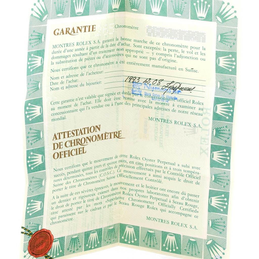 The image shows the warranty and official chronometer certification for a Rolex President 18238 Men
s Yellow Gold Champagne Dial 18238 Men
s Yellow Gold Champagne Dial model watch.