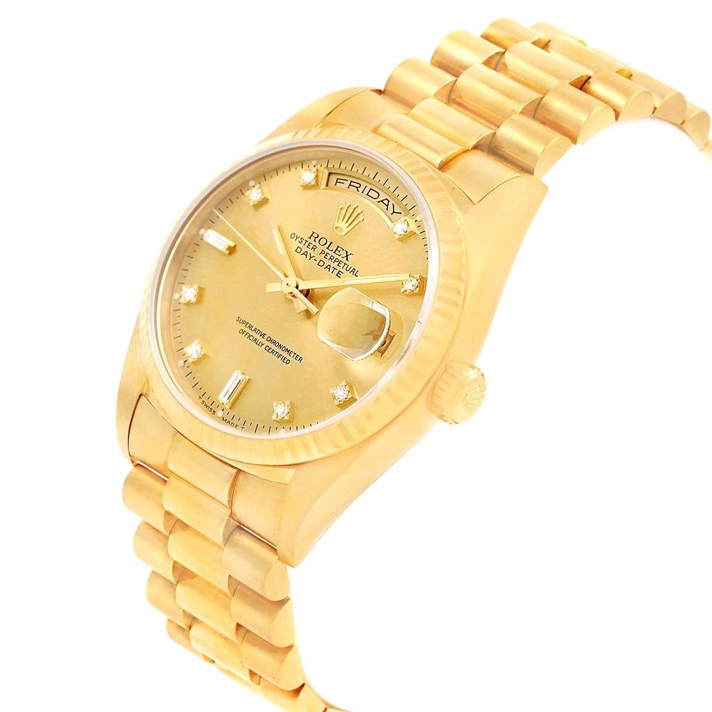 This image shows a Rolex President 18238 Men
s Yellow Gold Champagne Dial 18238 Men
s Yellow Gold Champagne Dial model watch at a slight angle, highlighting the face, dial, crown, and bracelet.