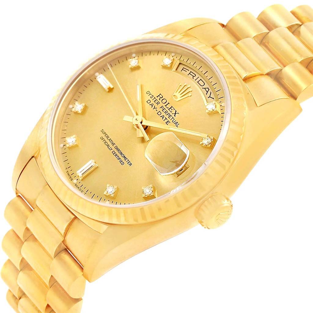 This is a President model Rolex watch, shown at an angled view highlighting its gold case, dial, and bracelet.