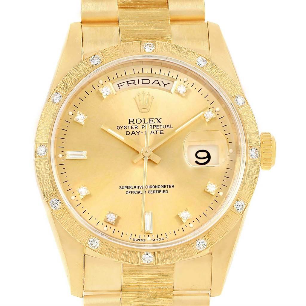 The image shows a front view of the Rolex President 18108 Men
s Yellow Gold Champagne Dial 18108 Men
s Yellow Gold Champagne Dial model watch, showcasing its face, bezel, and part of the bracelet.