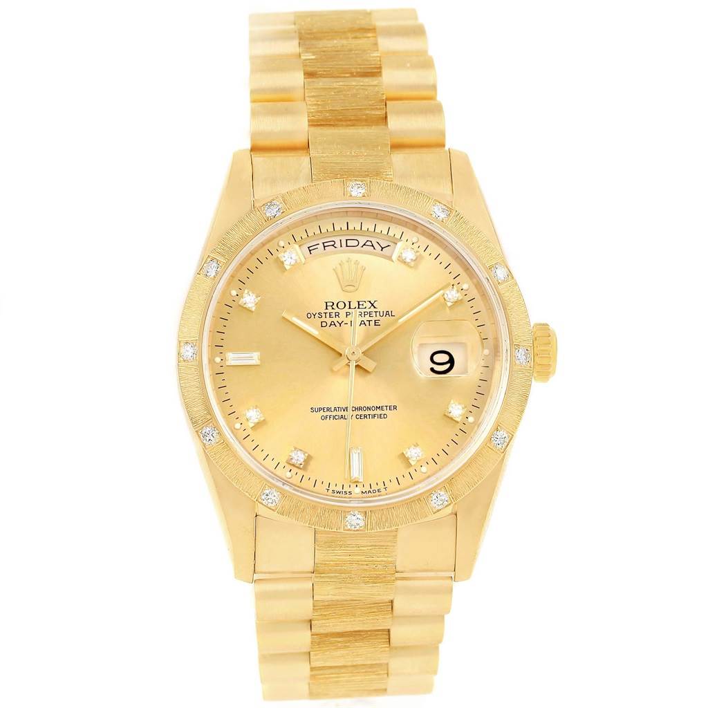 The image shows a front view of a Rolex President 18108 Men
s Yellow Gold Champagne Dial 18108 Men
s Yellow Gold Champagne Dial model watch, highlighting its gold bracelet, diamond markers, and day-date display.