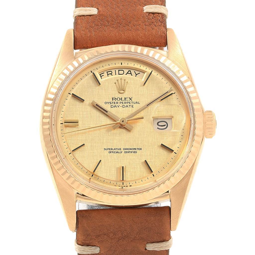 The image shows a front view of a Rolex President 1803 Men
s Yellow Gold Champagne Dial 1803 Men
s Yellow Gold Champagne Dial model watch, highlighting its dial, crown, and leather strap.
