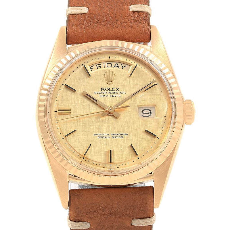 Rolex President Day-Date Yellow Gold Linen Dial Vintage Mens Watch 1803 SwissWatchExpo