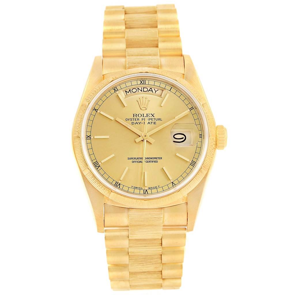 The image shows a frontal view of a Rolex President 18078 Men
s Yellow Gold Champagne Dial 18078 Men
s Yellow Gold Champagne Dial model watch, displaying its gold case, bracelet, and dial with day and date functions.