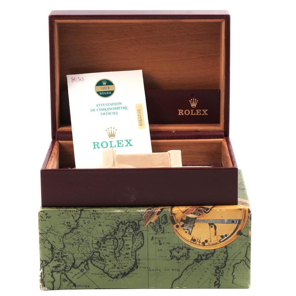 The image shows the Rolex President 18078 Men
s Yellow Gold Champagne Dial 18078 Men
s Yellow Gold Champagne Dial model packaging with an open wooden box and official documentation inside.