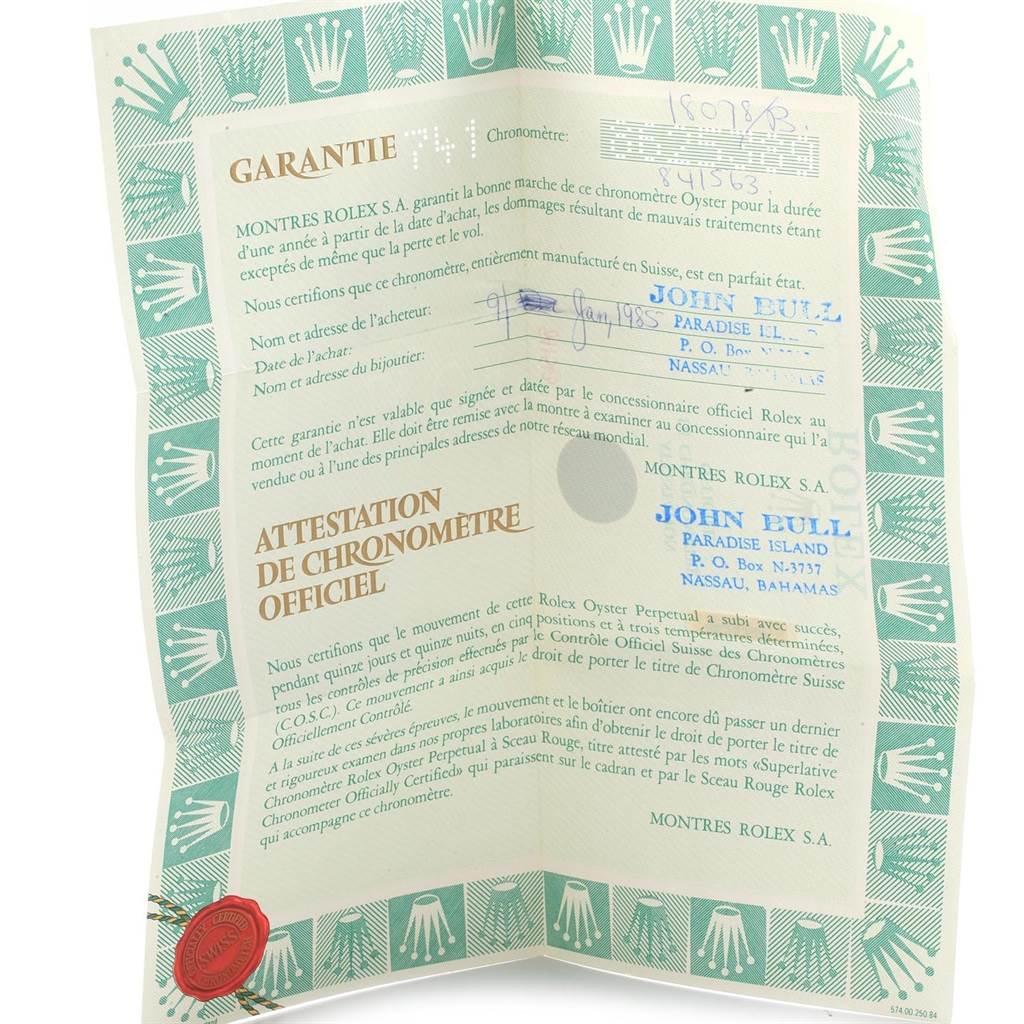 The image shows the warranty certificate for a Rolex President 18078 Men
s Yellow Gold Champagne Dial 18078 Men
s Yellow Gold Champagne Dial model.