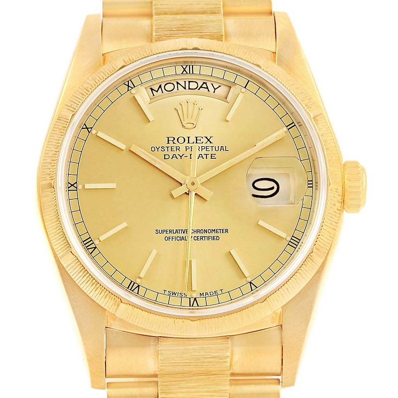 Rolex President Day-Date Yellow Gold Bark Mens Watch 18078 Box Papers SwissWatchExpo