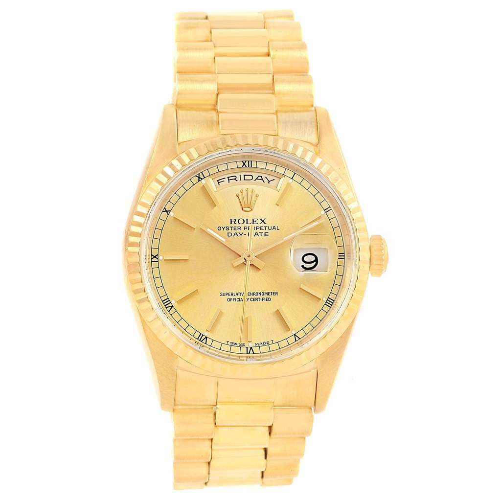 The image shows a front view of a Rolex President 18238 Men
s Yellow Gold Champagne Dial 18238 Men
s Yellow Gold Champagne Dial model watch, highlighting its dial, bracelet, and crown.