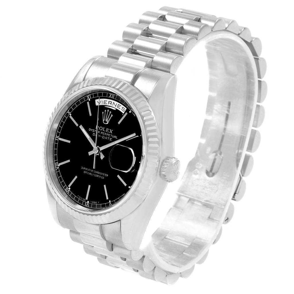 The Rolex President 118239 Men's White Gold Black Dial 118239 Men's White Gold Black Dial model watch is shown at a slight angle, highlighting the dial, bezel, crown, and bracelet.