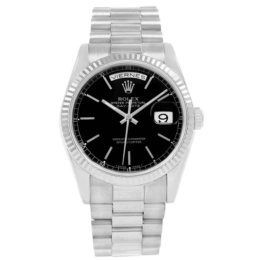 The image shows a front view of the Rolex President 118239 Men's White Gold Black Dial 118239 Men's White Gold Black Dial model watch, highlighting the dial, day and date displays.