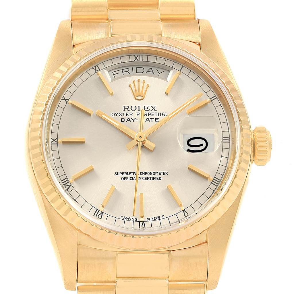 The image shows a front view of the Rolex President 18038 Men
s Yellow Gold Silver Dial 18038 Men
s Yellow Gold Silver Dial model watch, highlighting its face, bezel, crown, and bracelet.