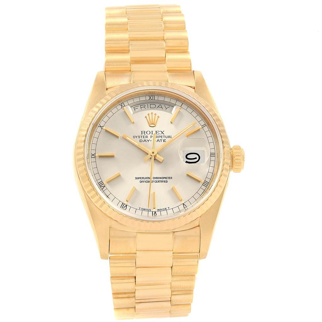 The image shows a front view of a Rolex President 18038 Men
s Yellow Gold Silver Dial 18038 Men
s Yellow Gold Silver Dial model watch, highlighting its face, bracelet, and bezel.
