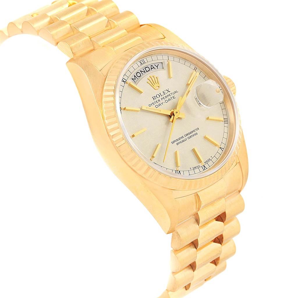 The image shows a Rolex President 18038 Men
s Yellow Gold Silver Dial 18038 Men
s Yellow Gold Silver Dial model watch at a high-angle view, displaying the watch face, bracelet, and case.