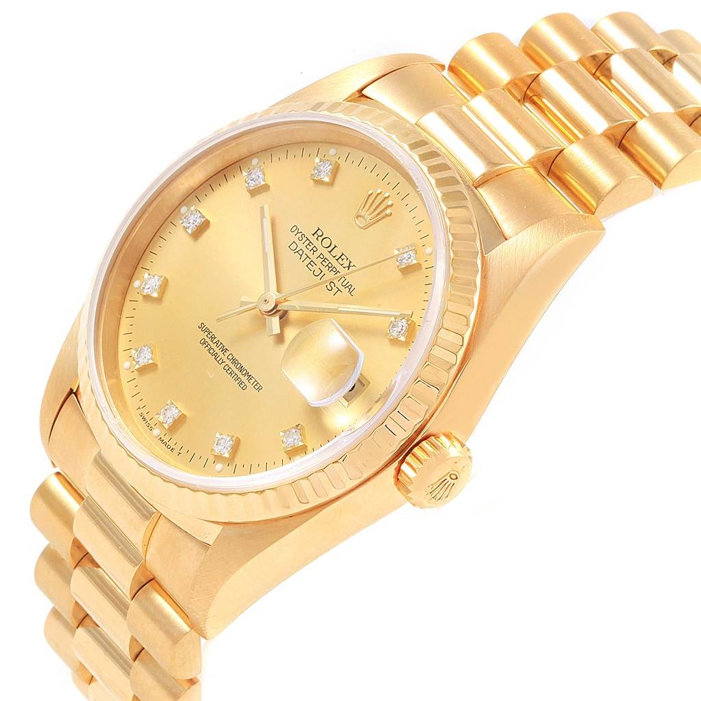 The Rolex President 16238 Men
s Yellow Gold Champagne Dial 16238 Men
s Yellow Gold Champagne Dial watch is shown at a side angle, highlighting the gold bracelet, diamond hour markers, and crown.