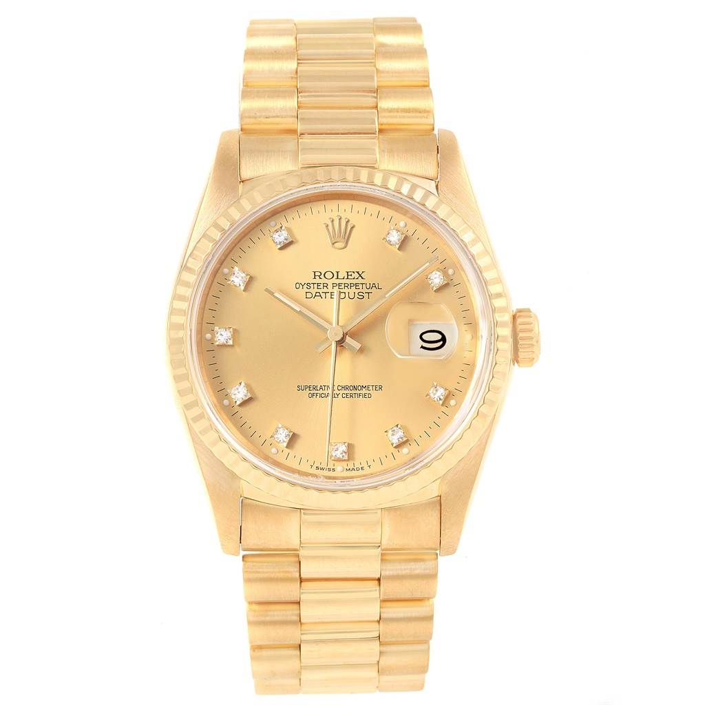 The image shows a front view of the Rolex President 16238 Men
s Yellow Gold Champagne Dial 16238 Men
s Yellow Gold Champagne Dial model watch with a gold bracelet and face, date window, and diamond markers.