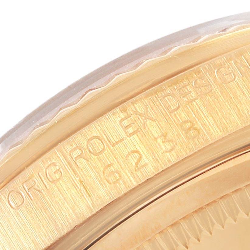 This close-up image shows the engraved edge of the Rolex President 16238 Men
s Yellow Gold Champagne Dial 16238 Men
s Yellow Gold Champagne Dial model watch case.