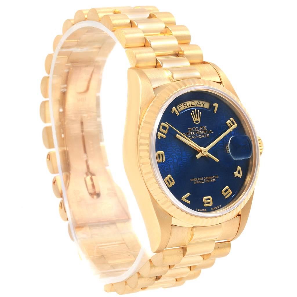 The image shows a side view of a Rolex President 18038 Men
s Yellow Gold Blue Dial 18038 Men
s Yellow Gold Blue Dial model watch, highlighting its gold case, blue dial, and bracelet.