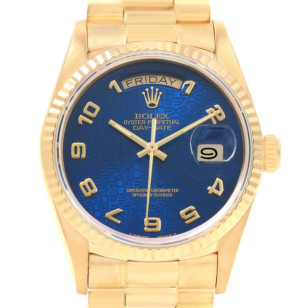 This is a frontal view of a Rolex President 18038 Men
s Yellow Gold Blue Dial 18038 Men
s Yellow Gold Blue Dial model watch, showing its blue dial, gold case, and bracelet.