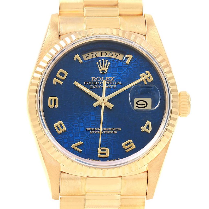 Rolex President Day-Date Yellow Gold Blue Jubilee Dial Mens Watch 18038 SwissWatchExpo